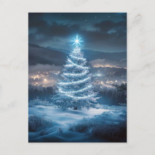 Cartão Postal De Festividades Árvore de Natal Noturna Brilhante Azul no Inverno