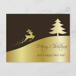 Cartão Postal De Festividades Árvore de Natal ouro com Reindeer