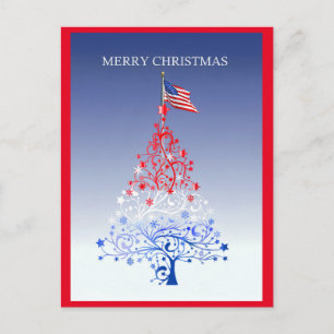 Cartão Postal De Festividades Árvore de Natal Patriótica com Bandeira Americana 