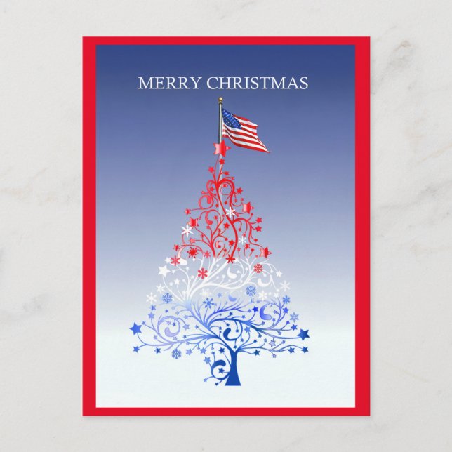 Cartão Postal De Festividades Árvore de Natal Patriótica com Bandeira Americana  (Frente)