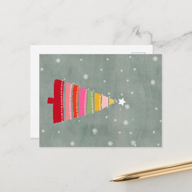 Cartão Postal De Festividades Árvore de natal pintada à mão (Frente/Verso In Situ)