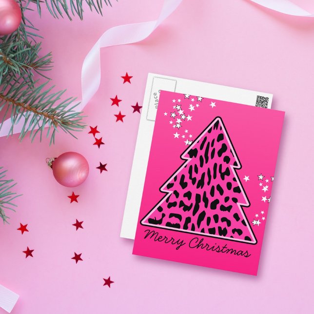 Cartão Postal De Festividades Árvore de Natal Rosa Leopardo Cheetah (Criador carregado)