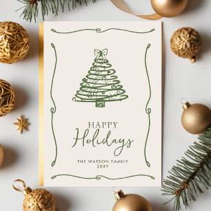 Cartão Postal De Festividades Árvore de Natal Verde Fita de Laço Desenhada à Mão