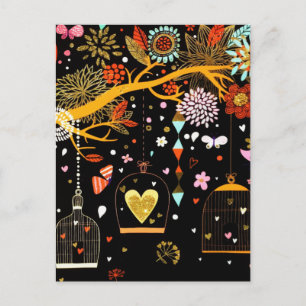 Cartão Postal De Festividades Árvore Florindo na Primavera Pássaro Dourado Apaix