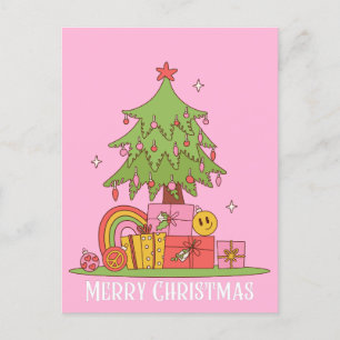 Cartão Postal De Festividades Árvore Natal Retroativa PInk