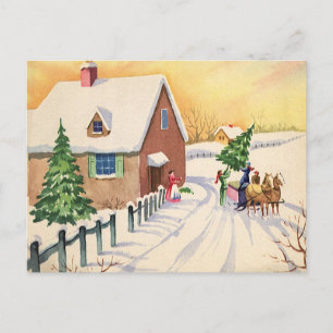 Cartão Postal De Festividades Árvore natal vintage em uma estrada Snowy Winter