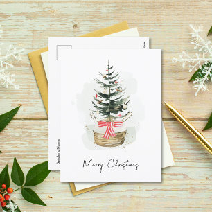 Cartão Postal De Festividades Árvore natalícia Mínima e Bonita de Aquarela Natal
