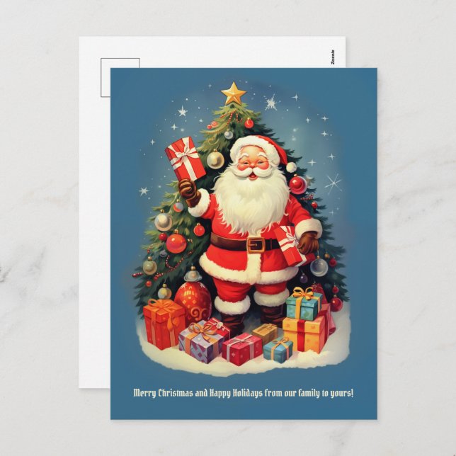 Cartão Postal De Festividades Árvore natalícia Santa Claus dá presente (Frente/Verso)