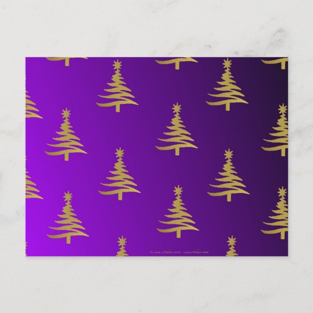 Cartão Postal De Festividades Árvores de Natal Douradas em Roxo (Frente)