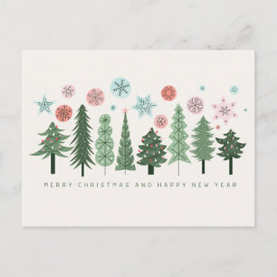 Cartão Postal De Festividades Árvores de Natal e Flocos de Neve Estilizados