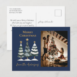Cartão Postal De Festividades Árvores de Natal Modernas Foto da Família Azul Nav