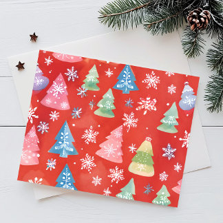 Cartão Postal De Festividades Árvores de Natal Vermelhas Aquarela
