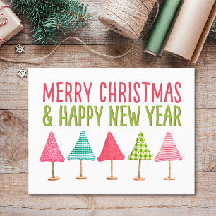 Cartão Postal De Festividades Árvores de Tecido Feliz Natal, Rosa Vermelho Verde