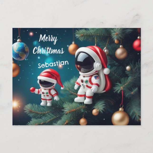 Cartão Postal De Festividades Astronauta Cósmico de Natal Celebrando Xmas (Frente)