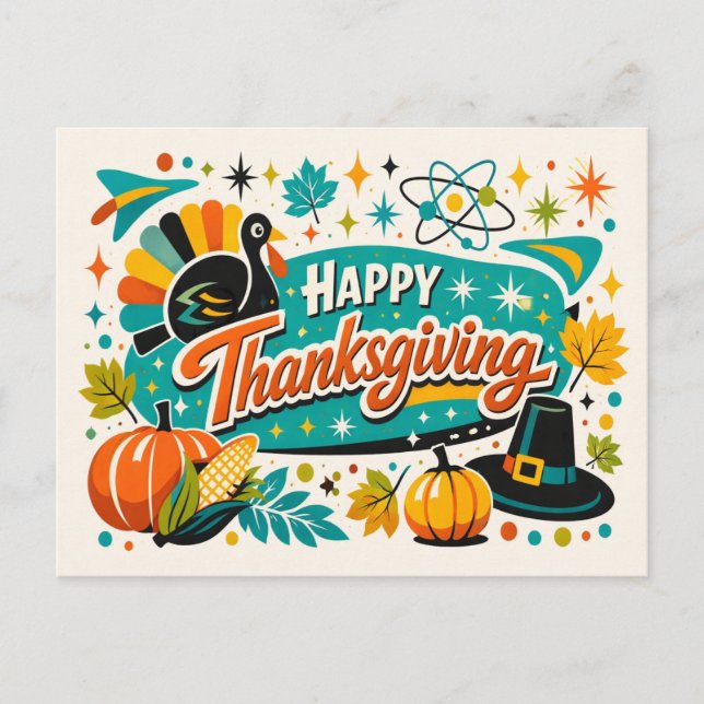 Cartão Postal De Festividades Atomic Mid Century Thanksgiving Turkey Pumpkin (Frente)