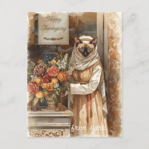 Cartão Postal De Festividades Autumn Cat com Flores - Ação de Graças