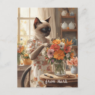 Cartão Postal De Festividades Autumn Cat com Flores - Ação de Graças