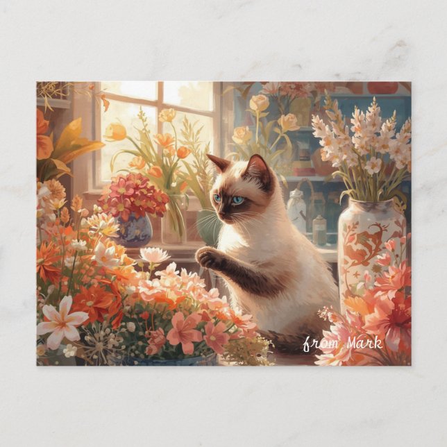 Cartão Postal De Festividades Autumn Cat com Flores - Ação de Graças (Frente)