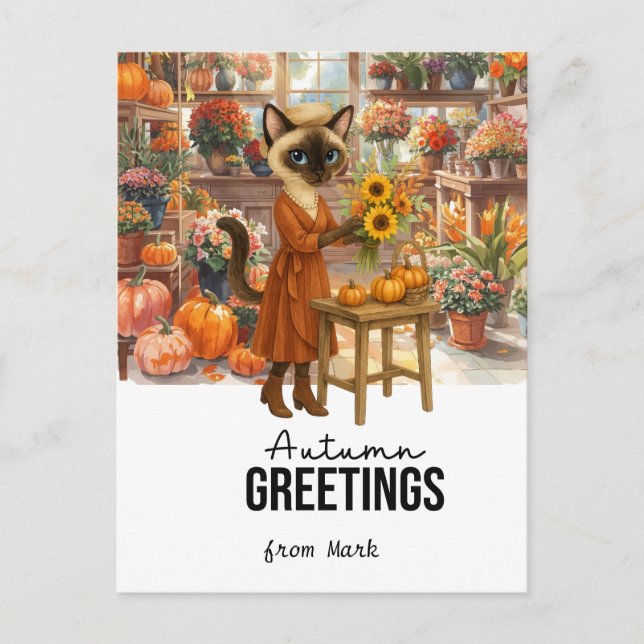 Cartão Postal De Festividades Autumn Cat com Flores - Ação de Graças (Frente)