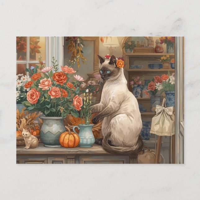 Cartão Postal De Festividades Autumn Cat com Flores - Ação de Graças (Frente)