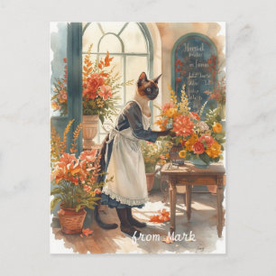 Cartão Postal De Festividades Autumn Cat com Flores - Ação de Graças