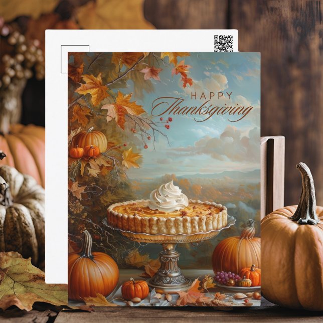 Cartão Postal De Festividades Autumn Deixa Pumpkin Pie Feliz Ação de Graças (Criador carregado)