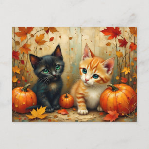 Cartão Postal De Festividades Autumn Kittens Pumpkins e Foliage