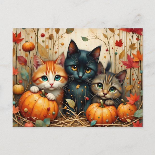Cartão Postal De Festividades Autumn Kittens Pumpkins e Foliage (Frente)