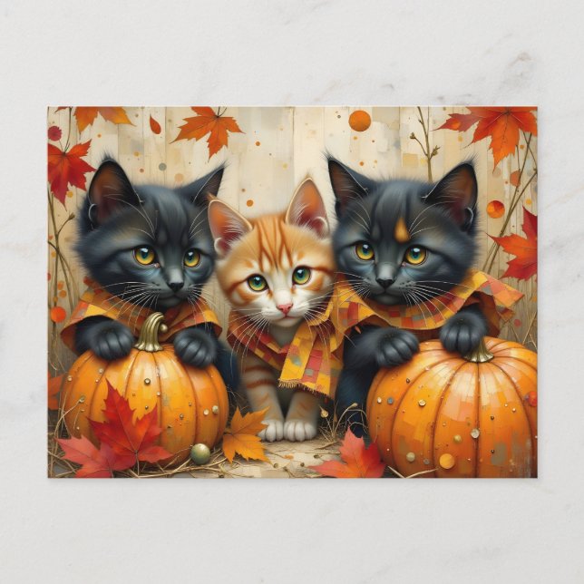 Cartão Postal De Festividades Autumn Kittens Pumpkins e Foliage (Frente)