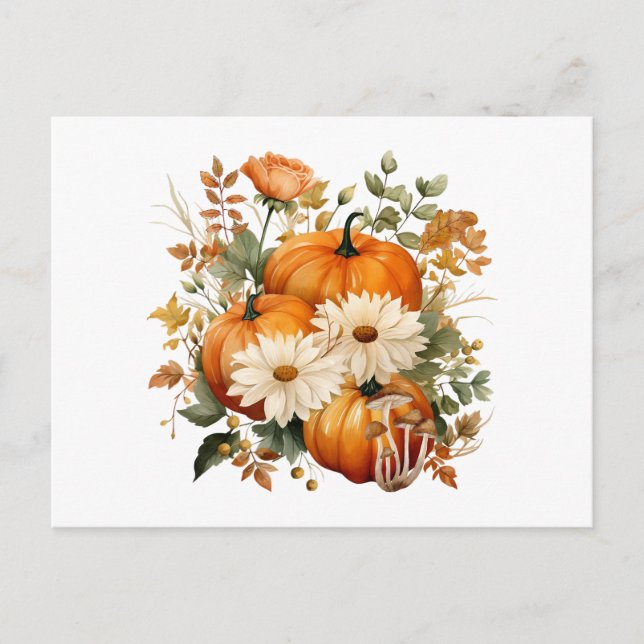 Cartão Postal De Festividades Autumn Pumpkin and Flower Illustration (Frente)