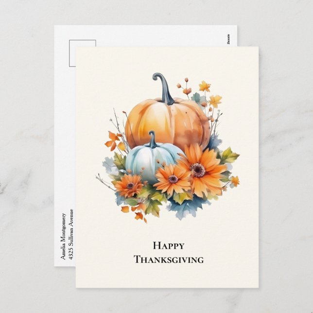 Cartão Postal De Festividades Autumn Pumpkins com Flores Ação de Graças (Frente/Verso)
