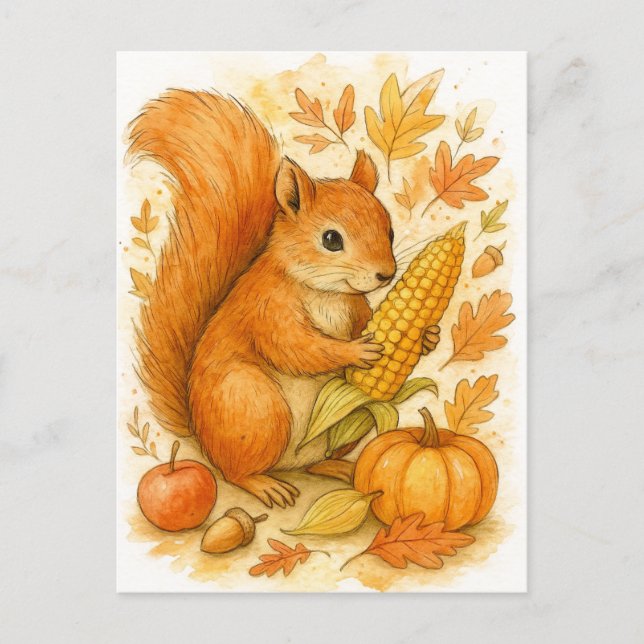Cartão Postal De Festividades Autumn Squirrel with Corn Thanksgiving Postcard (Frente)