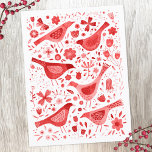Cartão Postal De Festividades Ave Aquarela Vermelha<br><div class="desc">Pássaros vermelhos festivos e flores em fundo branco. Arte original de Nic Squirrell.</div>