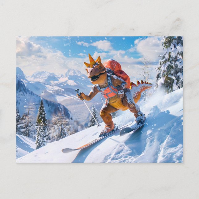 Cartão Postal De Festividades Aventura Dino Ski nos Alpes (Frente)