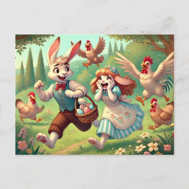 Cartão Postal De Festividades Aventuras De Coelhinhos Da Páscoa - A Chicken Exce (Frente)