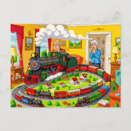 Cartão Postal De Festividades Avô com trem a vapor em uma enorme maquete de ferr