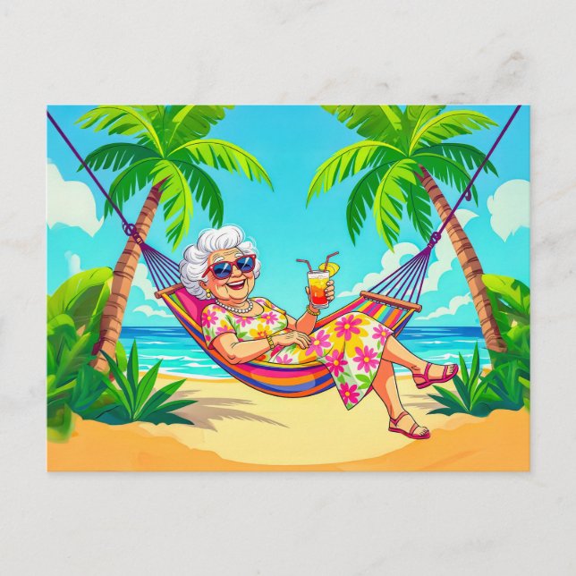 Cartão Postal De Festividades Avó em Hammock com Ilustração de Cocktail (Frente)