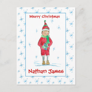 Cartão Postal De Festividades Avô Natal Elf Snowflakes Nome Personalizado