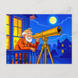 Cartão Postal De Festividades Avô Observando as Estrelas com Telescópio