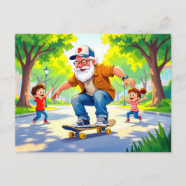 Cartão Postal De Festividades Avô praticando skate com neto observando