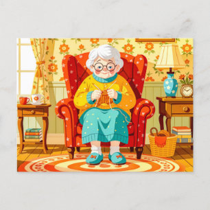 Cartão Postal De Festividades Avó tecendo em Poltrona – Ilustração