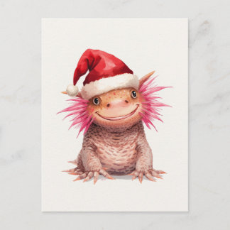 Cartão Postal De Festividades Axolotl Fofo com Chapéu de Papai Noel Aquarela