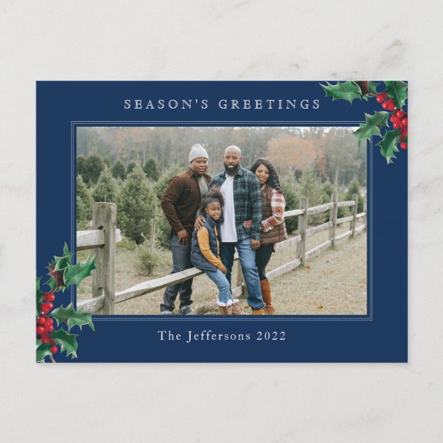 Cartão Postal De Festividades Azul de Foto Personalizada Holly Berry de Natal Si (Frente)