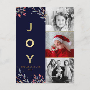 Cartão Postal De Festividades Azul & Dourado JOY 3 Três Fotos Férias Natal