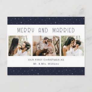 Cartão Postal De Festividades Azul Elegante Feliz e Casado Foto Recém-Casados