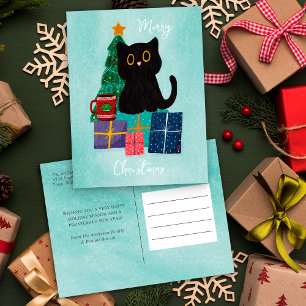 Cartão Postal De Festividades Azul Festivo Feliz Natal Gato Preto Fofo Café