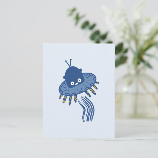 Cartão Postal De Festividades Azul Kawaii Octopus UFO (Em pé/Frente)