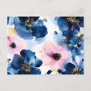 Cartão Postal De Festividades Azul Marinho Bege Rosa Dourado Floral Aquarela