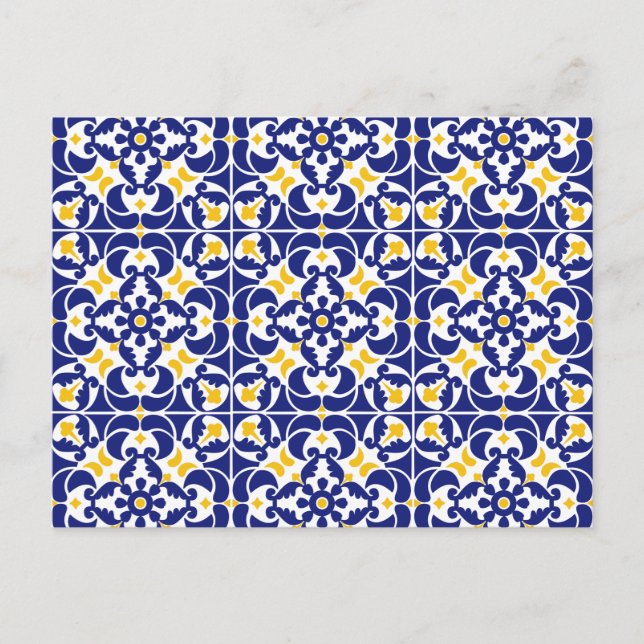 Cartão Postal De Festividades Azulejos mediterrânicos Padrão Azul e Amarelo (Frente)