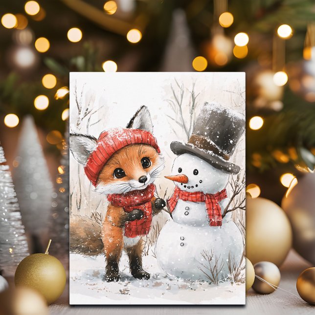 Cartão Postal De Festividades Baby Fox e Snowman (Criador carregado)
